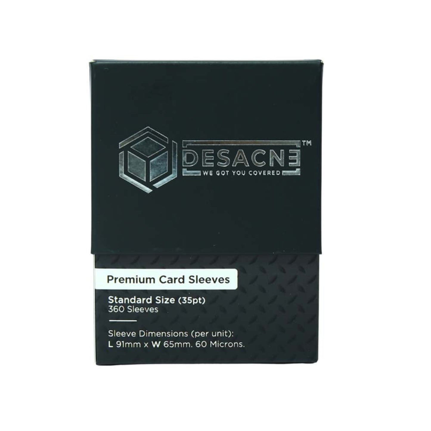 Black box of Desacne premium card sleeves with branding and product details.